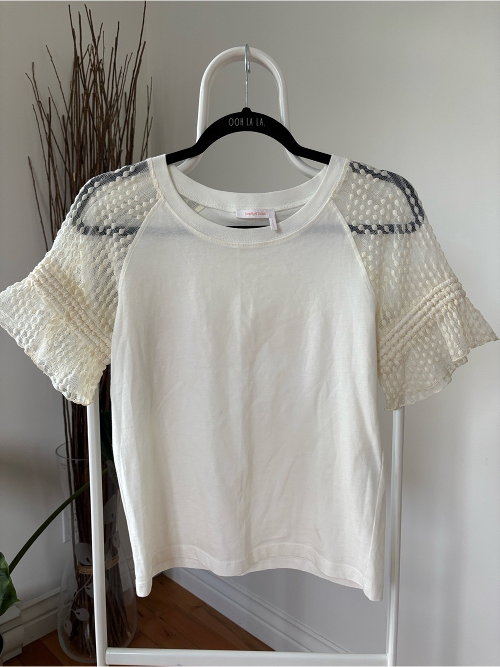 See by Chloé Cream sheer lace sleeves  Tee